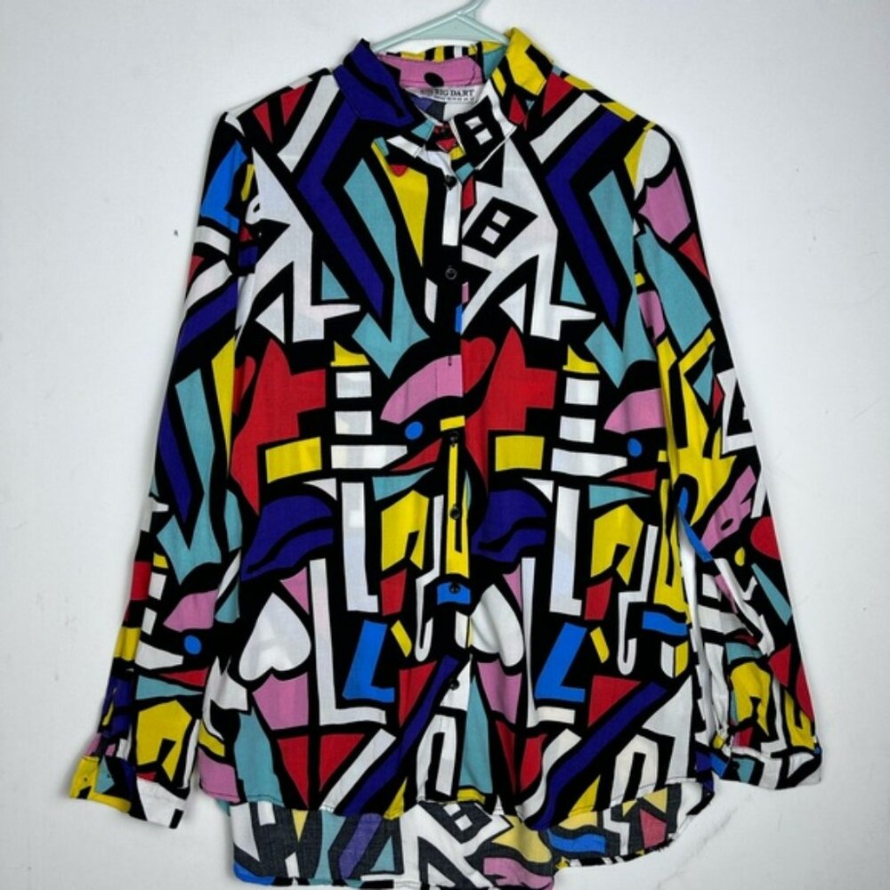 Big Dart Women Button Up Shirt XL Long Sleeve Abstract Colorblock High Low